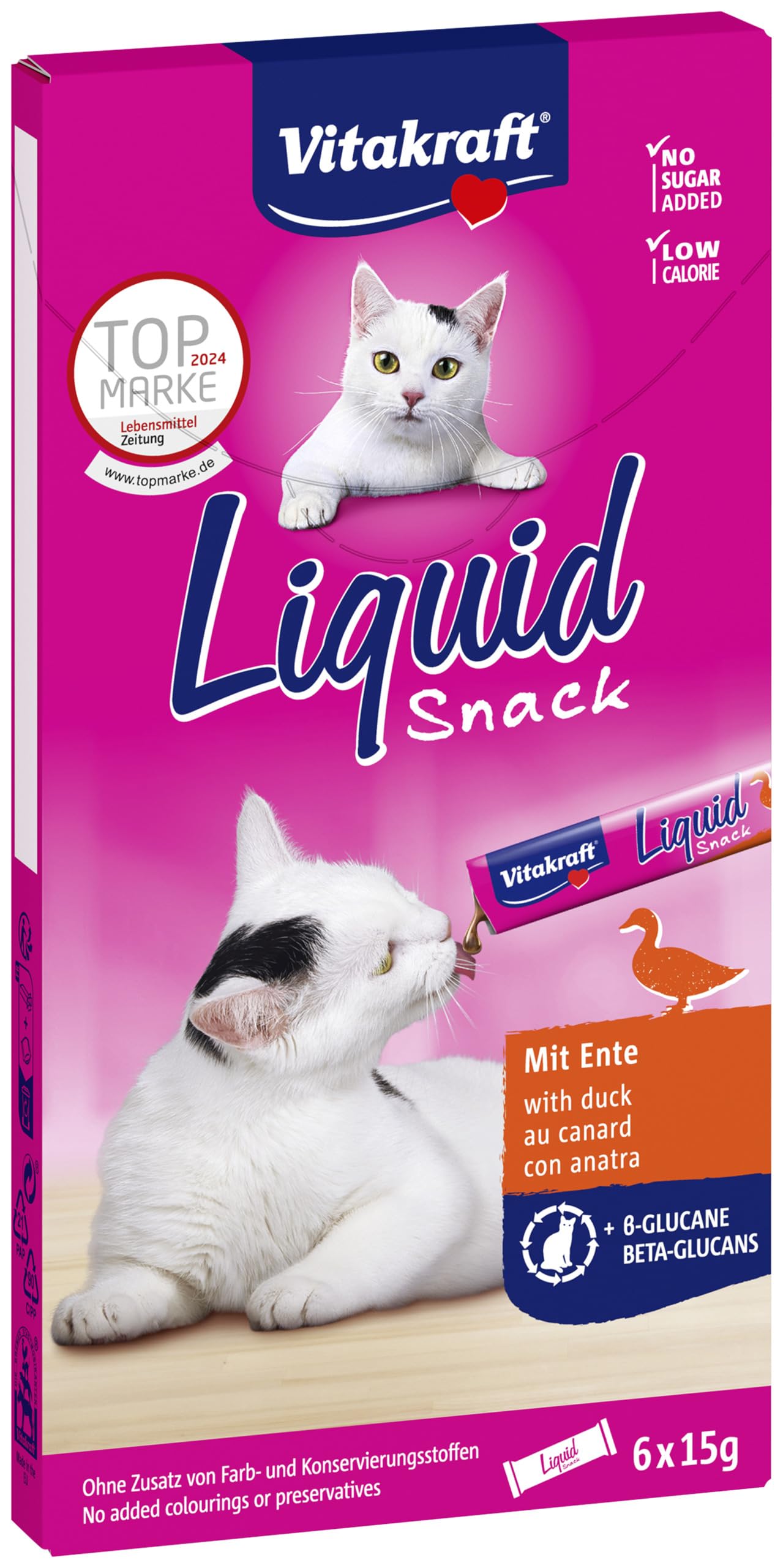 Vitakraft Liquid Snack, Katzen Leckerli, Katzensnack cremig, mit Ente und Beta Glucane, in einzelnen Sachets, verbessert die Immunabwehr (1 Paket mit 6x 15g)