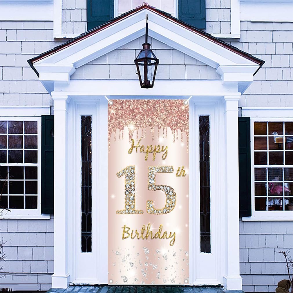 15. urodziny dziewczyna dekoracja, Happy 15th Birthday Door baner różowe złoto, 15. urodziny materiał szyld szyld plakat dekoracja drzwi, 15. urodziny tło baner, przyjęcie urodzinowe tabliczka powitalna