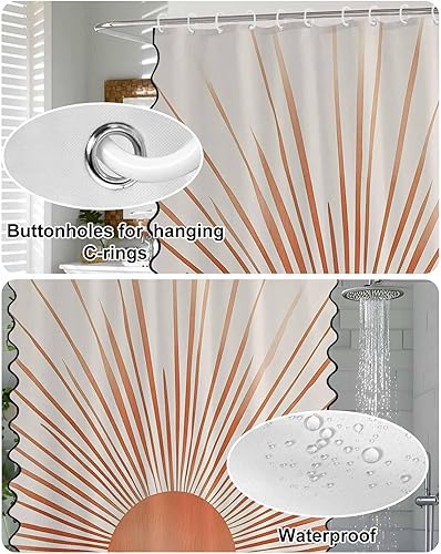 Miniatura 5 de Scalloped Shower Curtain for Bathroom 72"x72" Abstract Art Sun Minimalism Lines Retro Waterproof Wave Bathroom Shower Curtain Sets with Hooks Bath