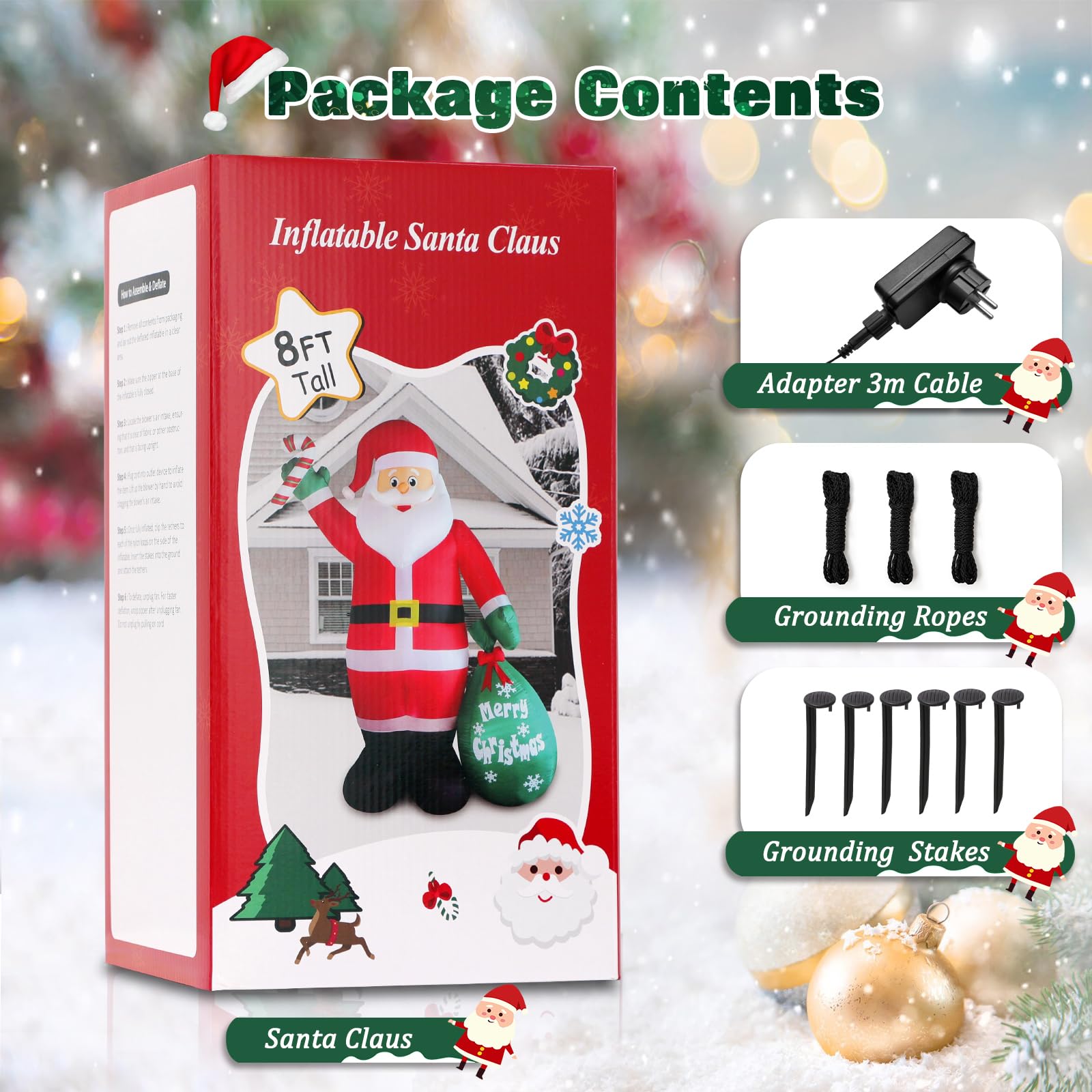 8FT Papá Noel Inflatable con LED, Decoración Resistente Intemperie IP44 Figura Gigante de Papá Noel con Bastón y Paquete de Regalo, Decoración de Iluminación Interior Exterior para Jardín Patio