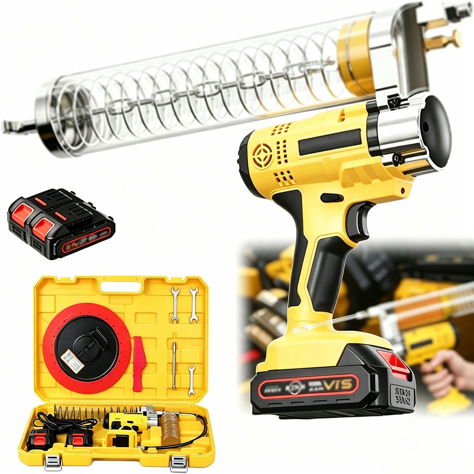 Kit de Pistola engrasadora inalámbrica, Pistola engrasadora eléctrica de Alta presión de 7000 PSI con 2 baterías y Estuche, para automóviles, vehículos, Camiones y Tractores agrícolas