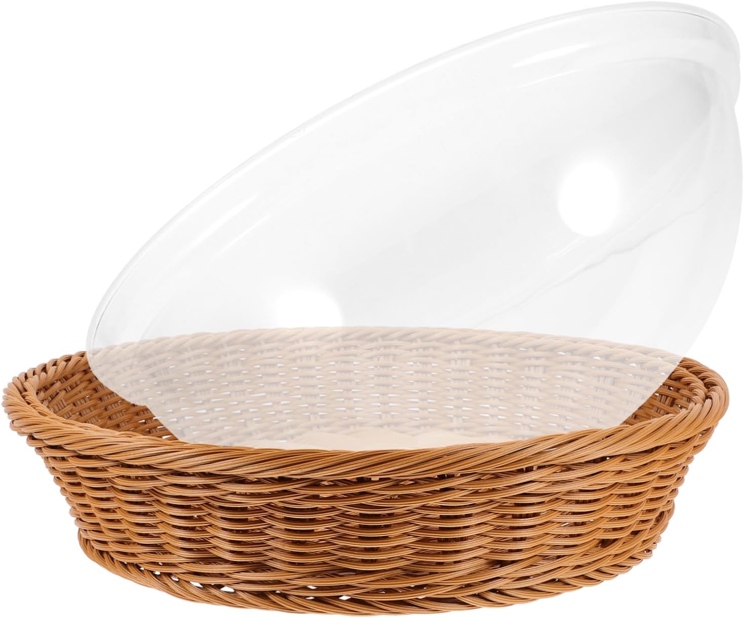 Woven Food Serving Basket with Lid Round Imitation Rattan Bread and Fruit Holder for Kitchen Dining and Parties Tea Color Storage