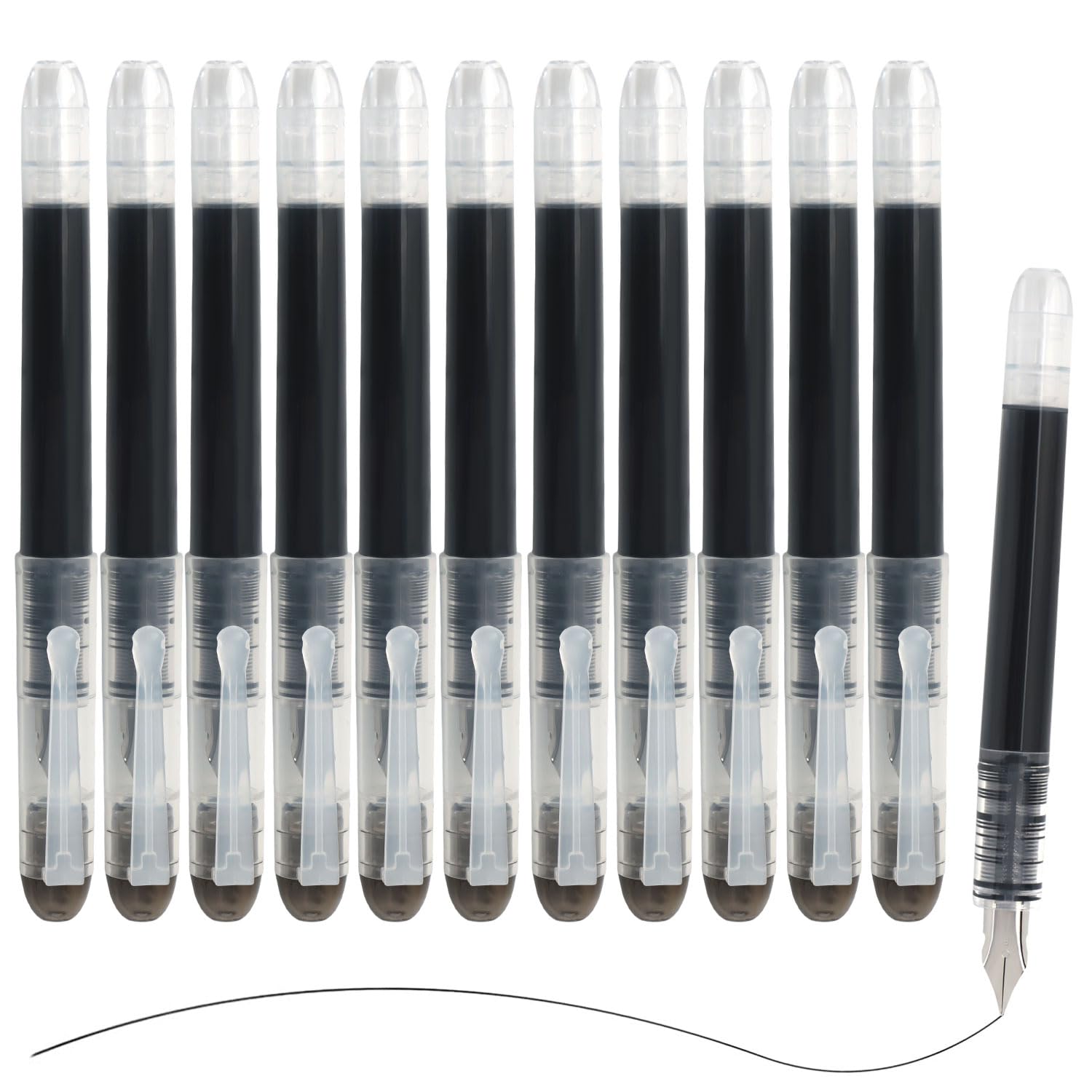 MOTIBACK 12PCS Disposable Fountain Pens - Black Ink Smooth Writing Fountain Pen, Quick-Drying Liquid Ink, Fine Nib for Journaling, Sketching, Lettering, Calligraphy, School, Office & Gift Supplies