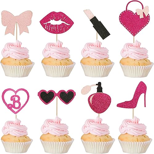 30 adornos de princesa rosa intenso para cupcakes y decoración de cupcakes rosa con purpurina rosa para niñas de cumpleaños, decoración de fiesta de