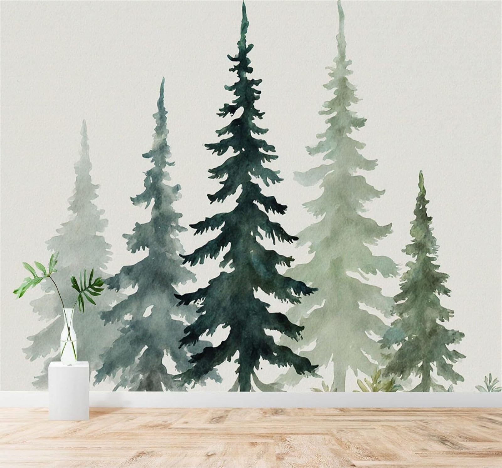 Tzxztt Watercolour Pine Trees Green Forest Landscape Art Modern 3D Wallpaper Premium Textured Silk Neutral Tones Material Ideal for Living Room Bedroom-430cm×300cm