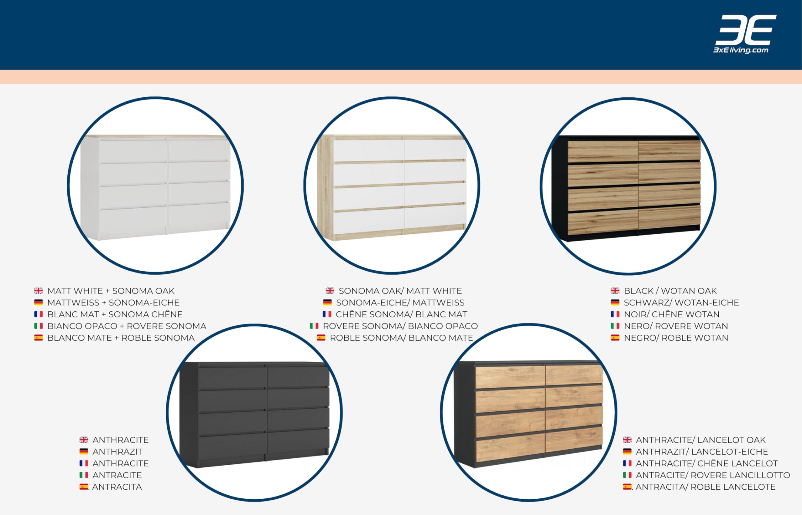3E 3xE living.com Cassettiera con 8 cassetti, colore: nero/Rovere wootan, A: 140 x 101 x 39 cm