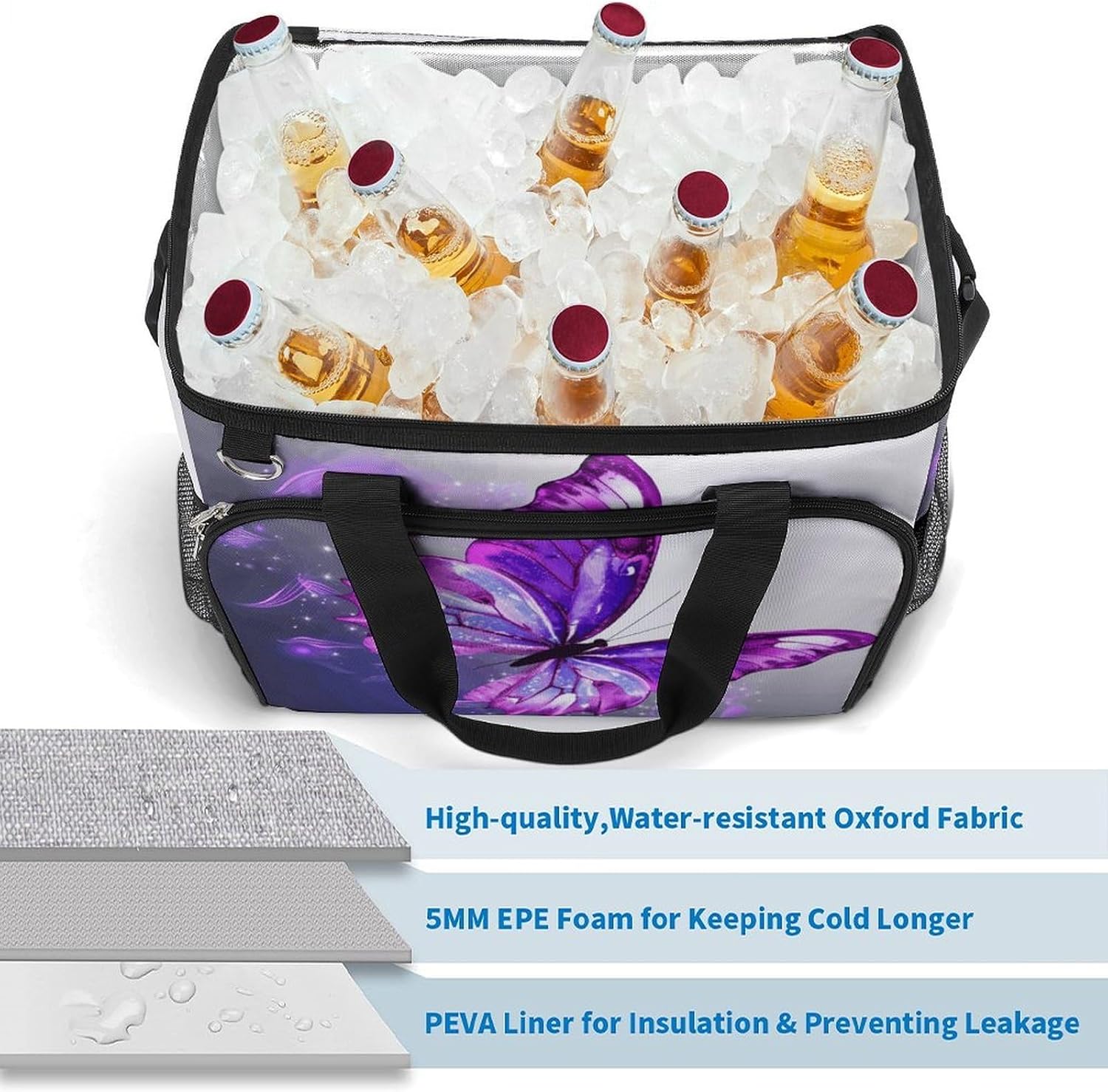 Large Capacity Oxford Cloth Purple Butterfly Printed Camping Ice Bag, Outdoor Portable Insulation and Cooling Bag, Suitable for Outdoor Camping and Picnics