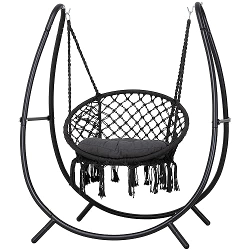 ANOW Hammock Swing with Stand Included, Outdoor Hanging Swing Chair with Stand and Removable Seat Cushion, Dark Grey - Dark Grey
