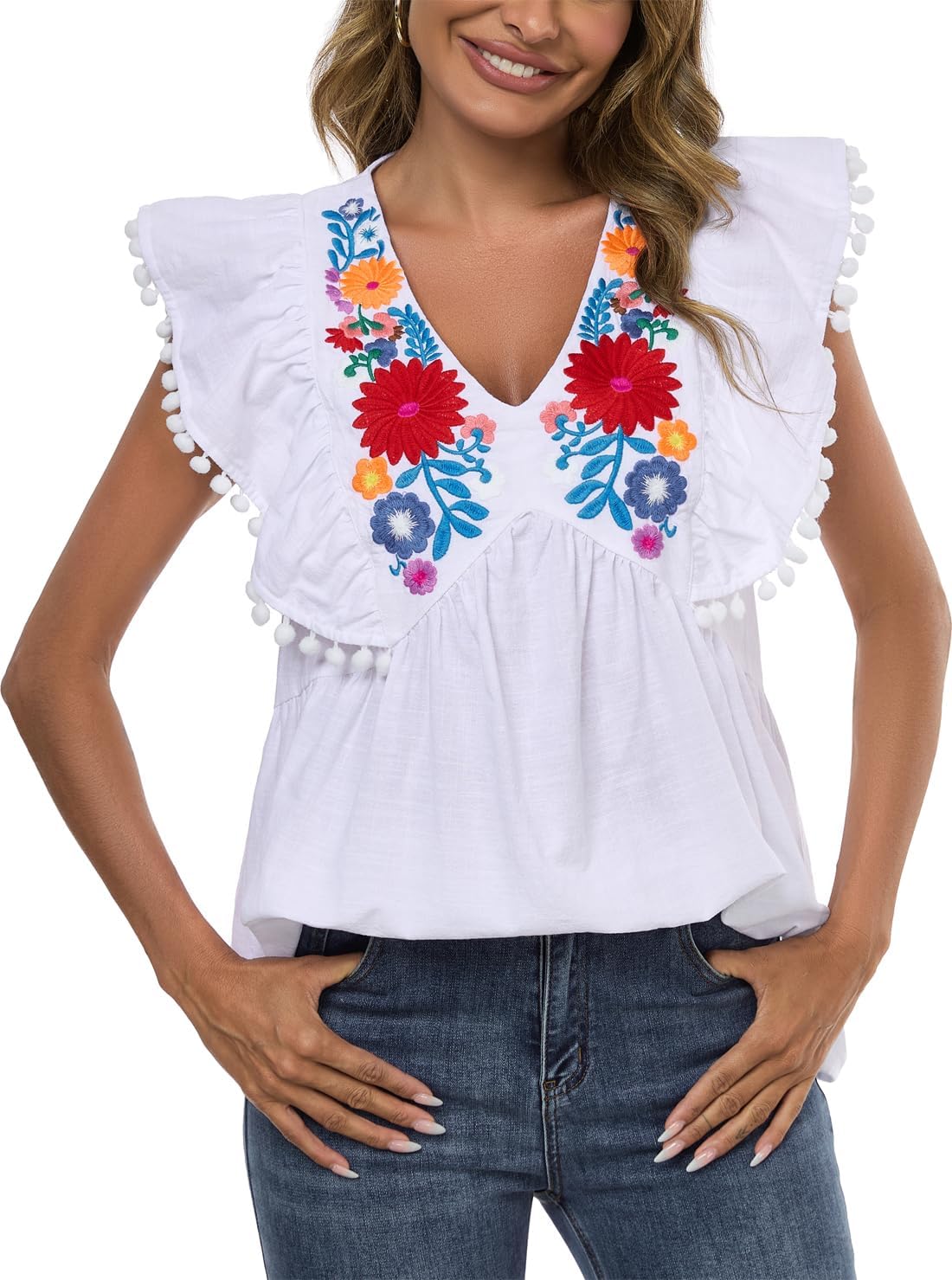 Women's Embroidered Floral Tops Peasant Blouses V Neck Ruffle Cap Sleeve Boho Summer Tops