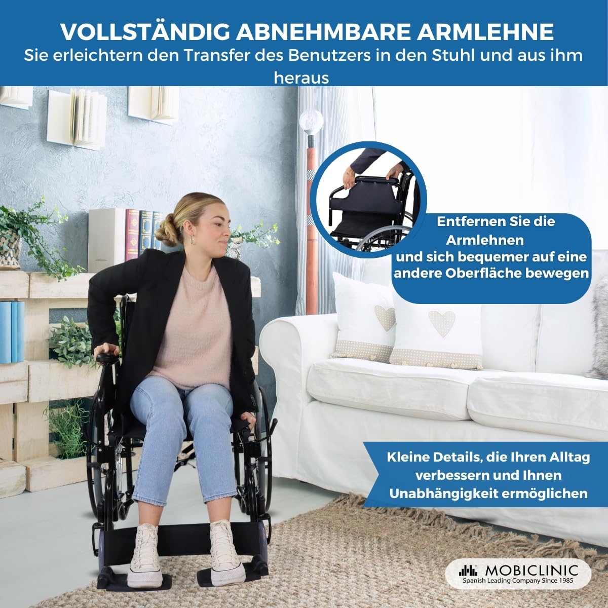 Mobiclinic®, Rollstuhl faltbar leicht, Selbstfahrend, Abnehmbare und gepolsterte armlehnen, Klappbare fußstützen, Catedral, Manuelle bremse, Bordsteinanhebesystem, Pannensichere räder, Robust