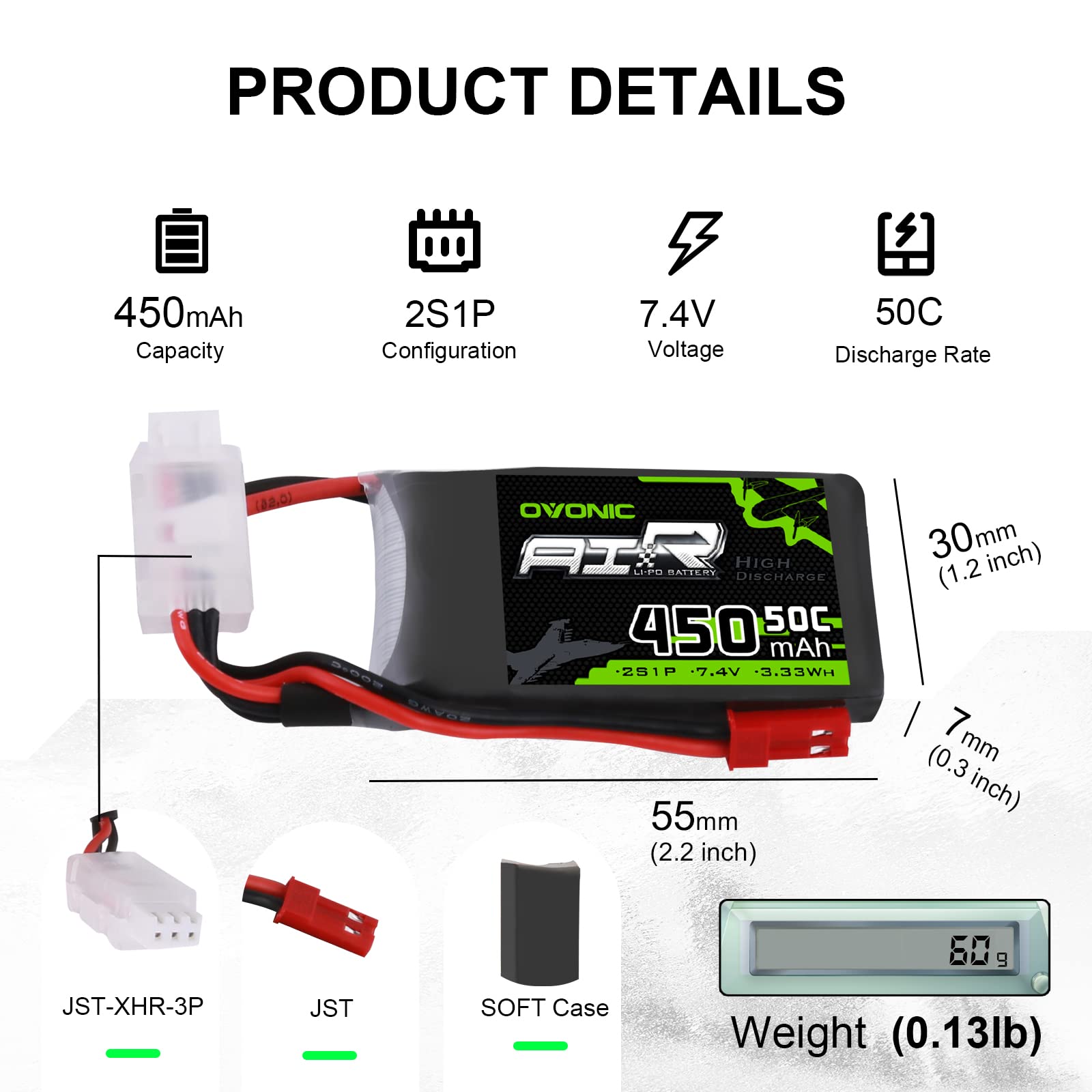 OVONIC 2s Lipo Batterie 7.4V 450mAh 50C avec Prise JST pour 250 RC Hélicoptère Petit Avion Micro FPV Racing Drone Quadcopter (2pcs)