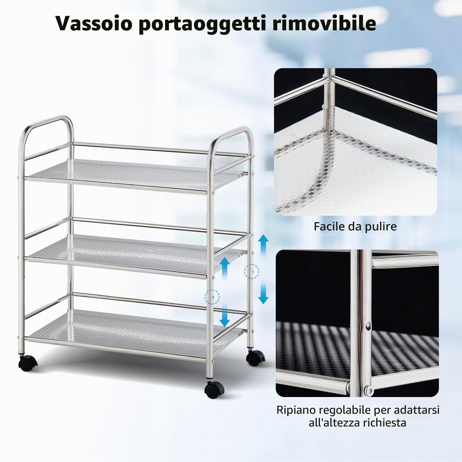 CLIPOP Carrello Portaoggetti a 3 Livelli in Acciaio Inox, Carrello per Isola da Cucina, Carrello Portaoggetti (35 * 60 * 75 cm)