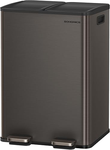 Miniatura 1 de SONGMICS Bote de basura, 2 x 8 galones (2 x 30 L) de doble compartimento con tapa de cierre suave, pedal y cubos interiores, acero inoxidable,