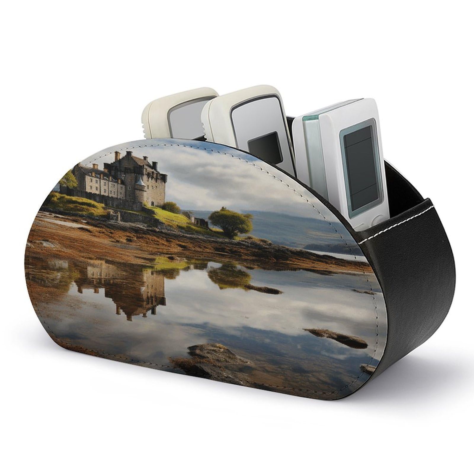VstaDank Scotland Castle Water Lake Scottish Remote Control Holder Farmhouse TV Media Remote Storage Box with 5 Compartments PU Leather Remote Caddy Desktop Organizer for Home Bedside Table Organizer