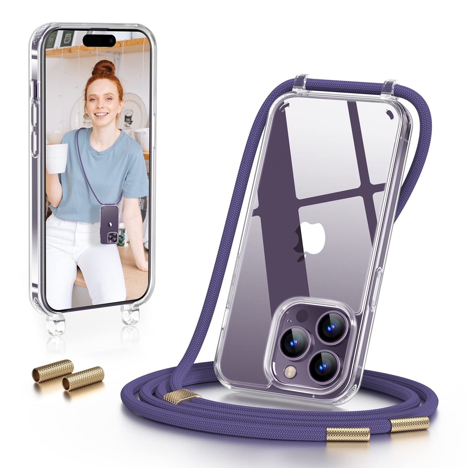 GOODVISH Cover Trasparente con Cordino per iPhone 14 Pro Max 6.7", Custodia con Regolabile Laccio Tracolla, [Antiurto] [AntiGraffio] [Antiscivolo] Case con Collana, Viola Scuro