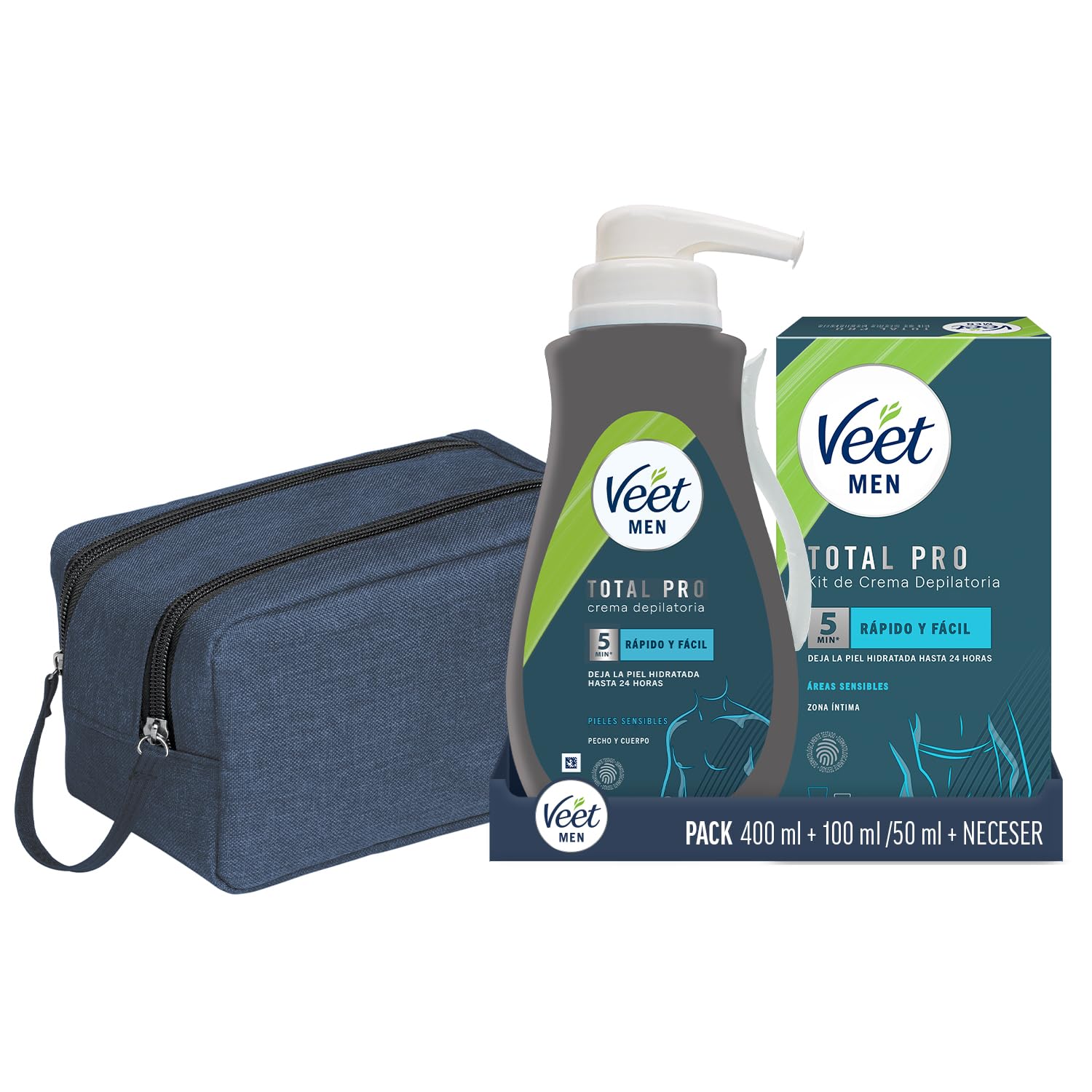 Veet Men Crema Depilatoria Corporal para Hombre, para Pieles Sensibles, 400 ml y Kit para Depilar la Zona Íntima 100 ml y 50 ml, Neceser de Regalo
