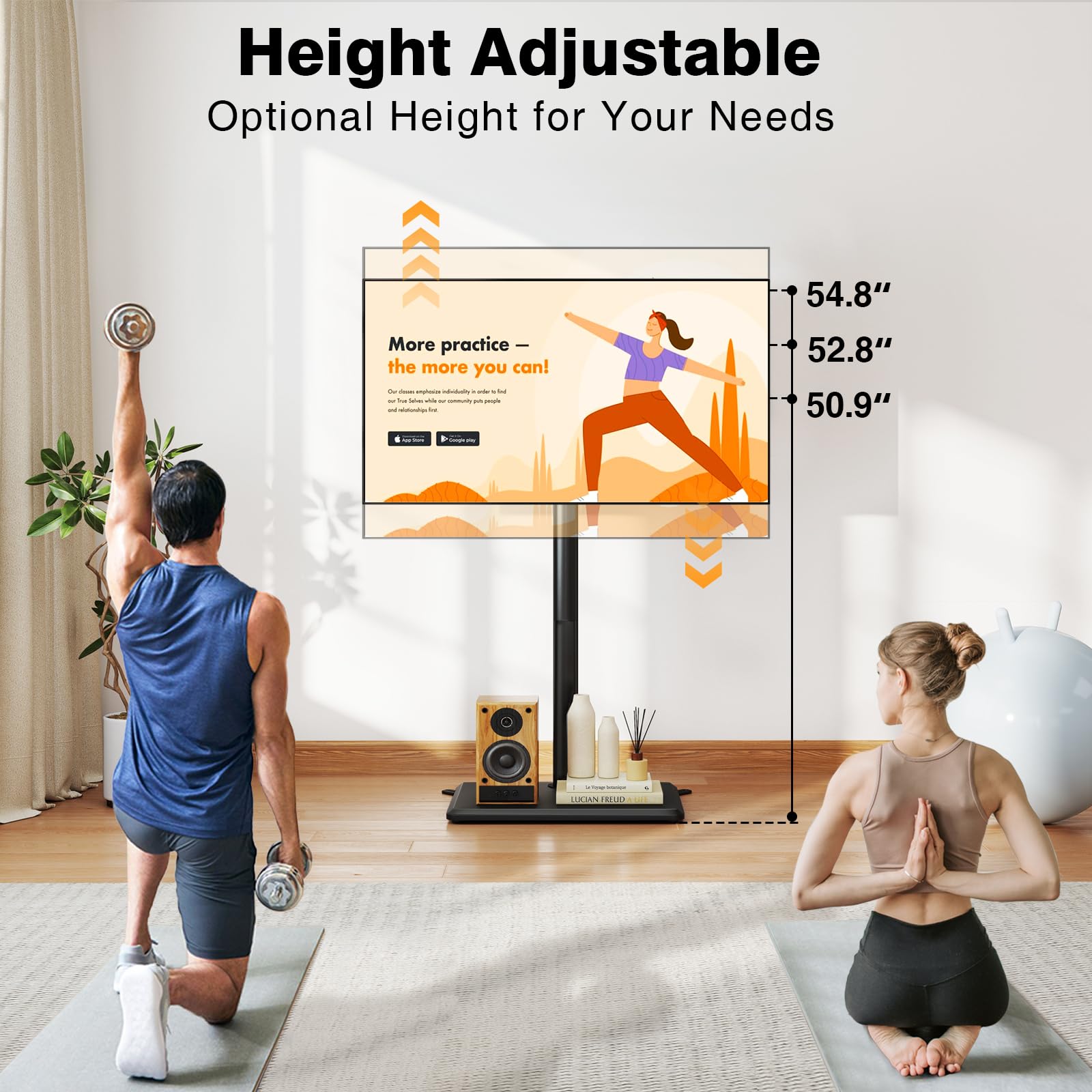 TVON Supporto TV da pavimento con supporto per la maggior parte dei televisori piatti/curvi da 32-60 pollici fino a 39,9 kg, supporto TV regolabile in altezza con base in legno, supporto girevole per