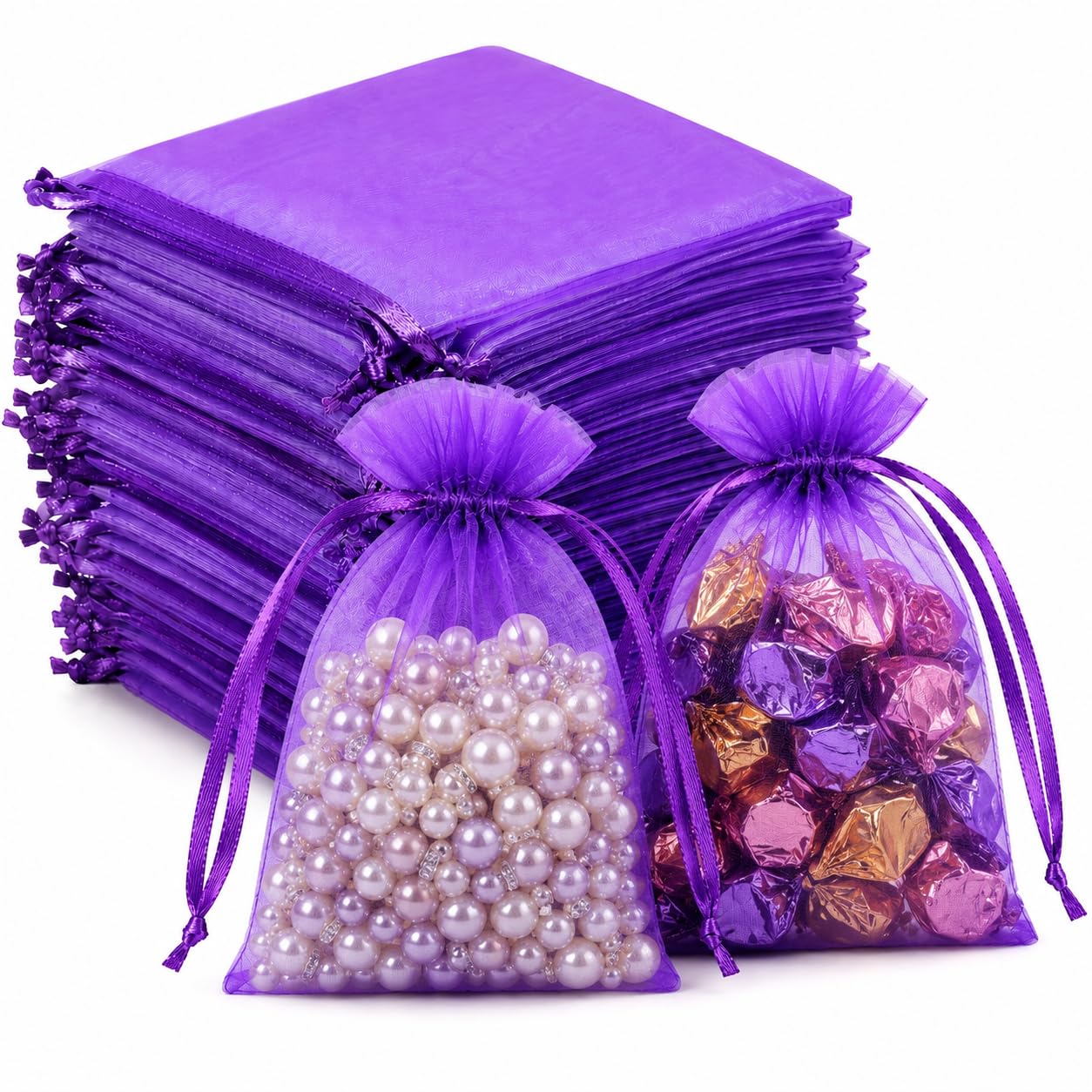 Hopttreely 50pcs Purple Organza Bags, 4x4.72 inch Mesh Bags Drawstring Gift Bags Jewelry Pouches for Candy Wedding Favors Christmas, Bridal Showers, Candy, Jewelry &amp; Goodie Bags