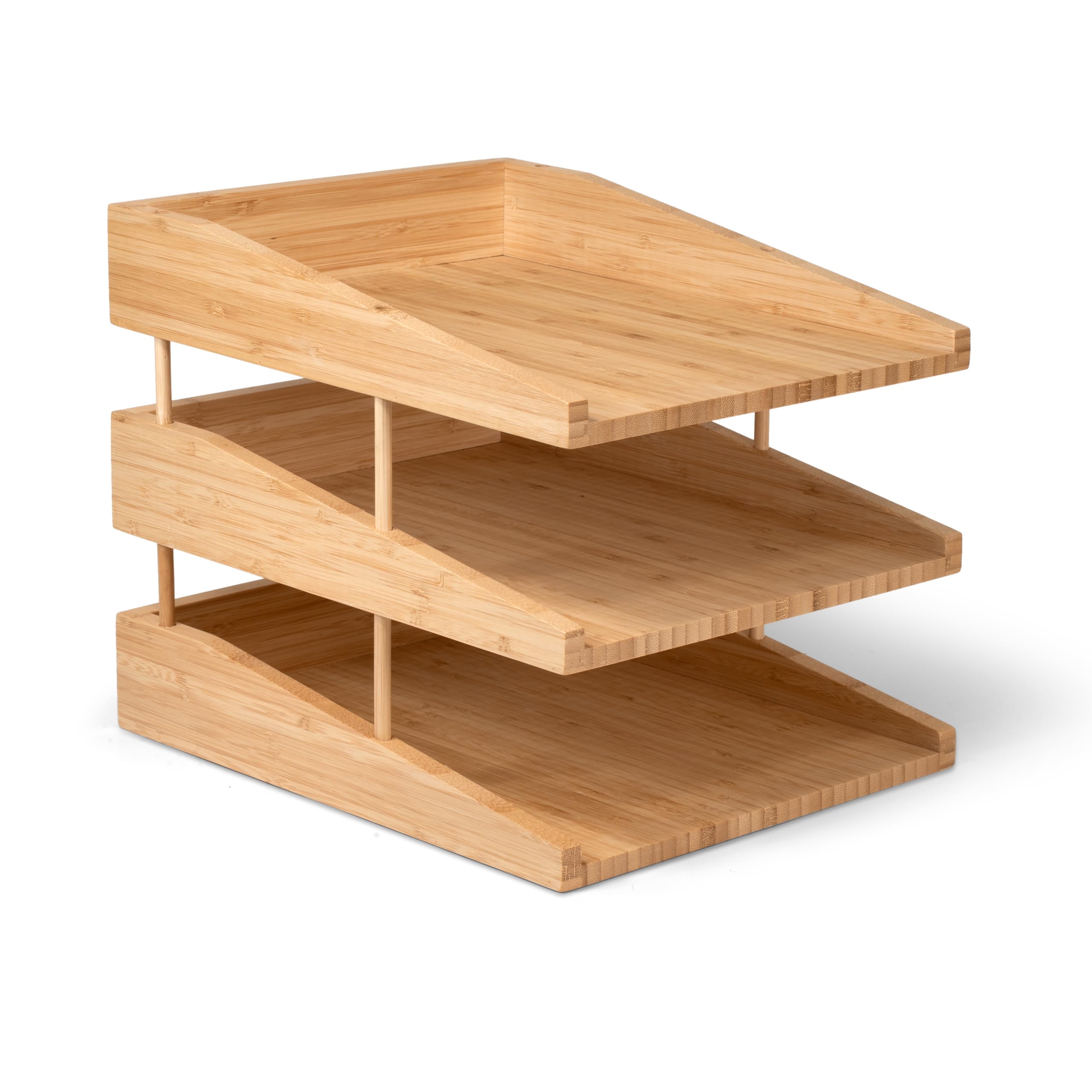 Osco Bamboo (Risers) Bamboo Three Letter Trays With 12 Risers | 3 Trays | A4 | Easily Stackable | Desk File Organiser | Paper Storage | Office Document Sorter | Eco-Friendly | Natural Bamboo | H26.4 X W26 X D33 Cm