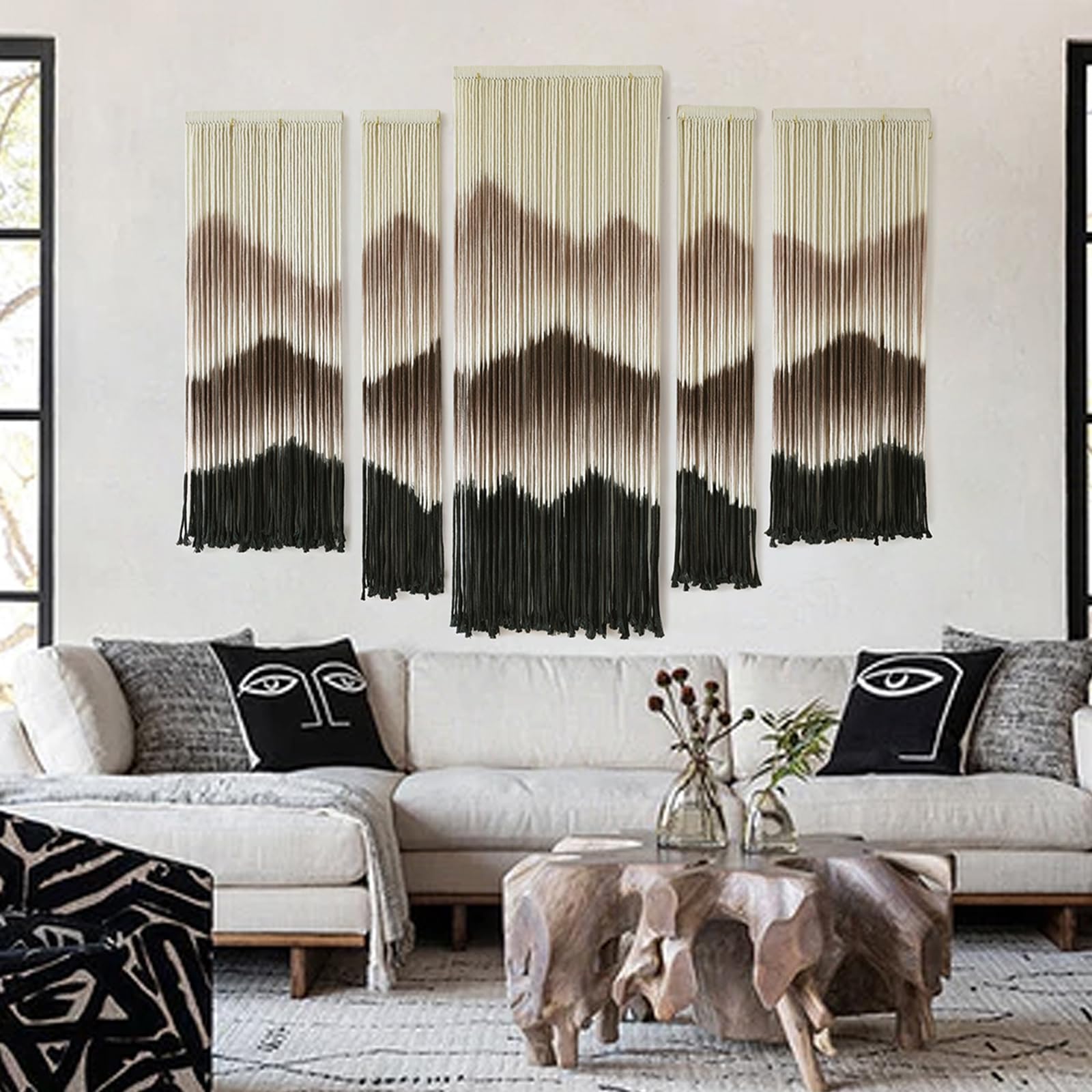 5Pcs Set Macrame Wall Hanging Mountain Art Brown Dip Dyed Boho Wall Decor