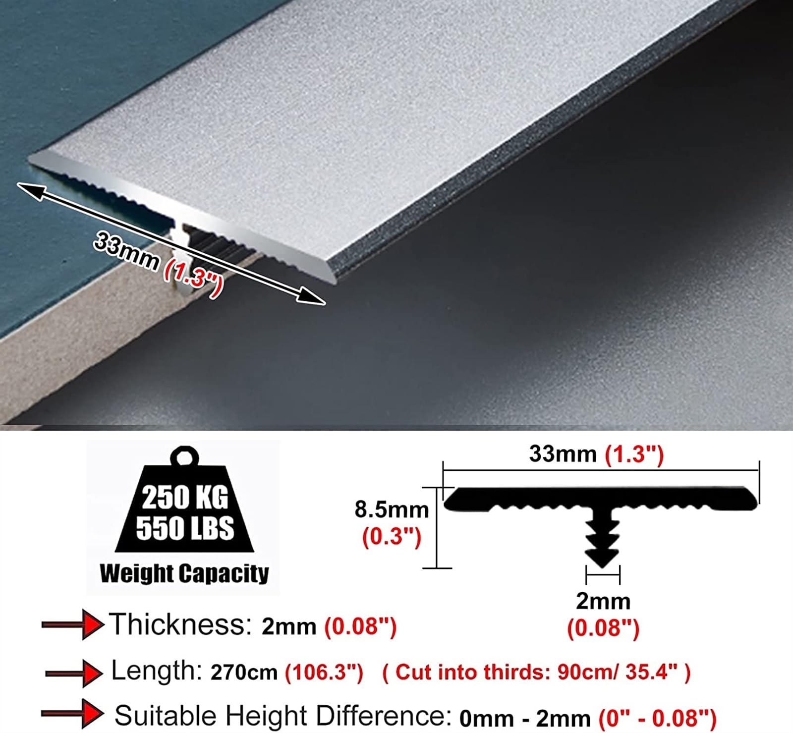 Profilo di Transizione, Striscia di Soglia, Rifinitura for bordi da pavimento a laminato in vinile, for la copertura di giunzioni tra piastrelle e legno, transizioni lisce(Grey)