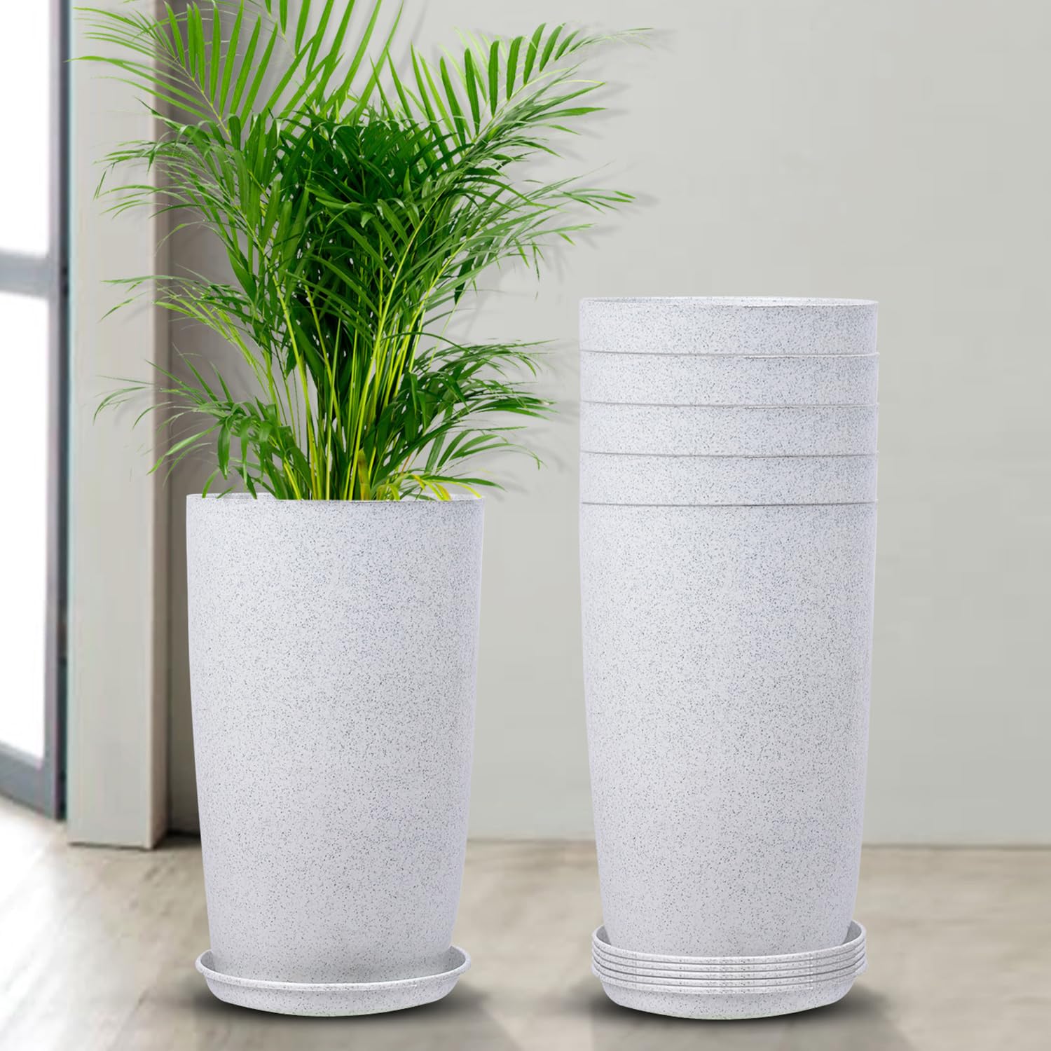 Kuber Industries Pack of 6 Flower Pot with Plate | 18 Inch | Lightweight Polymers Indoor-Outdoor Pots | Flower Gamla Pot for Home-Office | Planter for Living Room | Marble Emerald | White