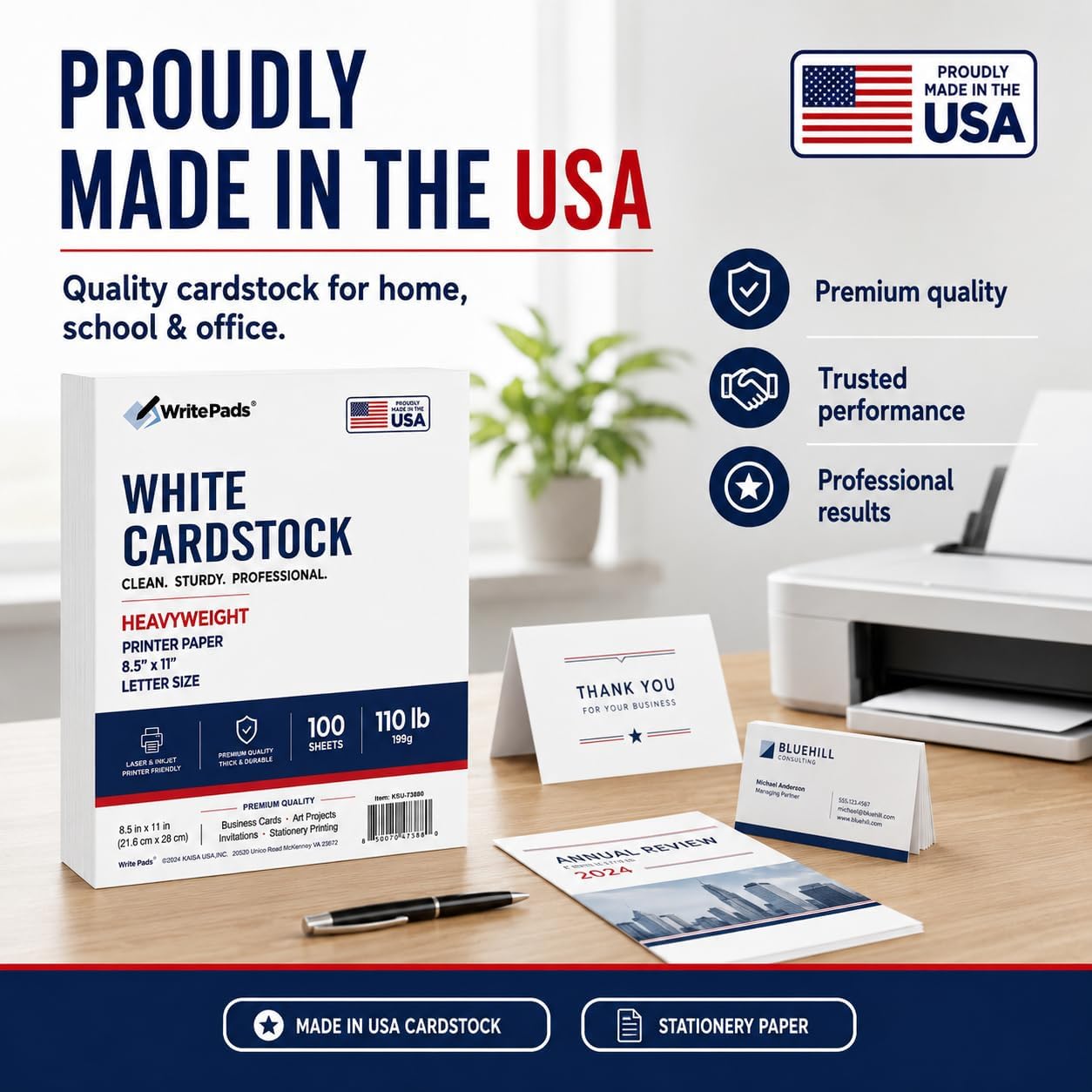 Kaisa White Cardstock 8.5 x 11”, 110LB/199GSM Heavyweight Card Stock, 100 Sheets, Thick Cardstock Printer Paper for Copy, Printing, Art Projects, Invitations, Made In USA (100, White-100)