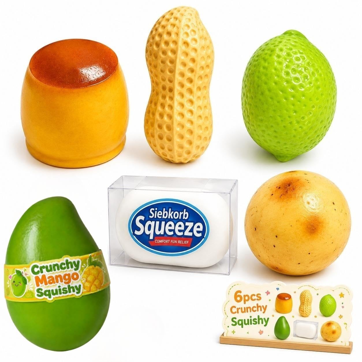 6PCS Crunchy Squishy Set, Realistic Color Changing Mango Lemon Peanut Potato Soap Pudding Slow Rising Amsr Stress Ball, Chameleon Textured Sensory Ball for Anxiety Management Party Favors