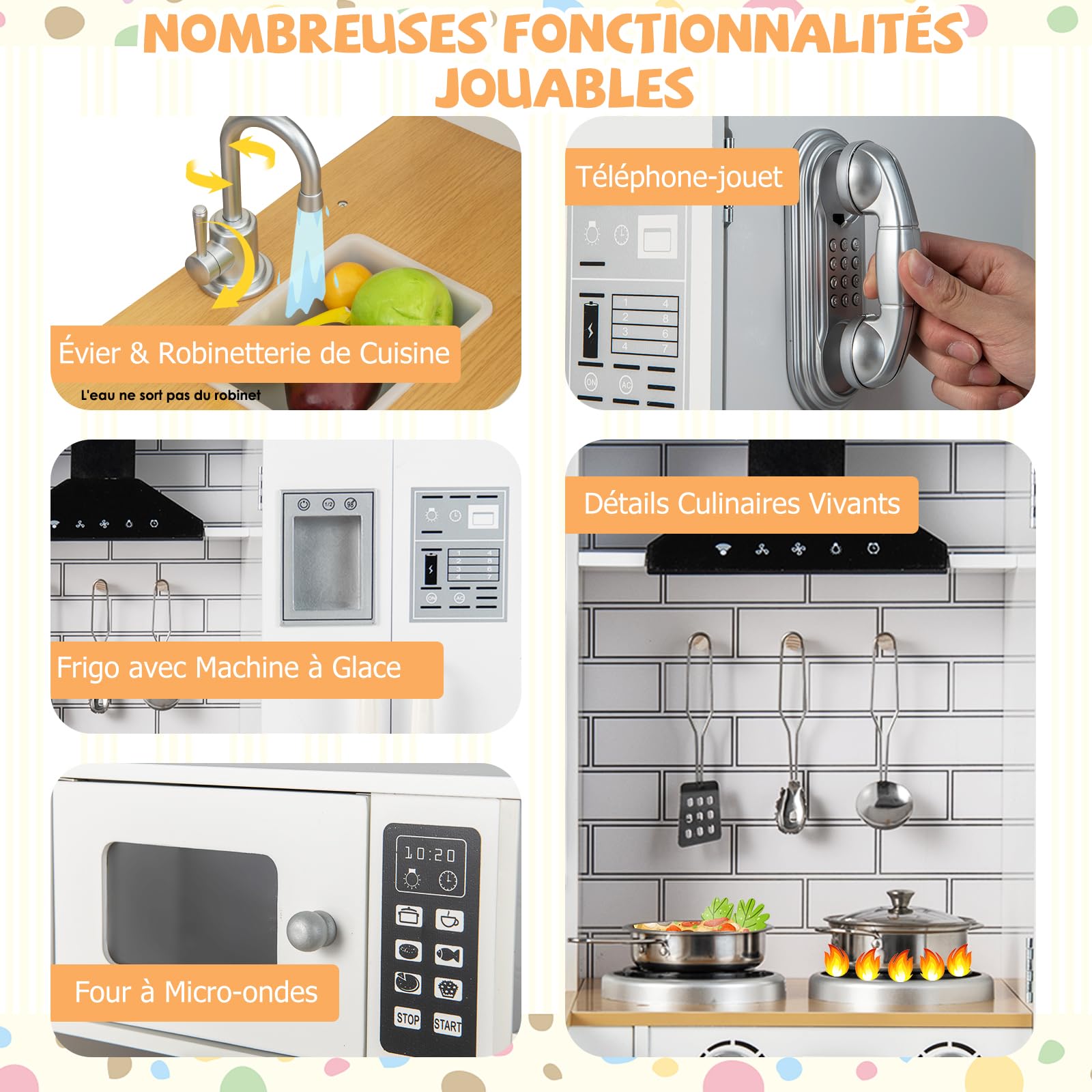 DREAMADE Cuisine d’Angle Enfants en MDF, Coin Arrondi, Évier, Cuisinière, Distributeur d'eau, Rangements Inclus, Jeu d'Imitation pour Tout-Petits 3 Ans+, 82 x 66 x 88 cm (Version améliorée)