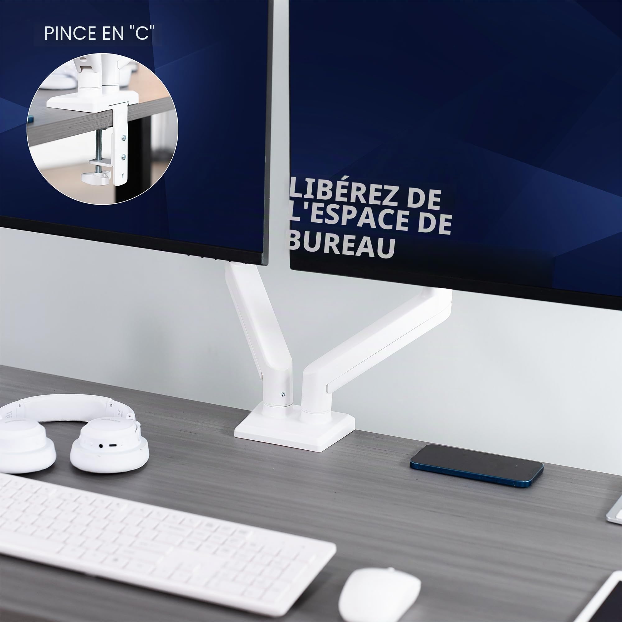 Vivo STAND-V102OW Support articulé à Double Bras pneumatique à Ressort pour 2 écrans avec VESA Max 100 x 100 cm Blanc