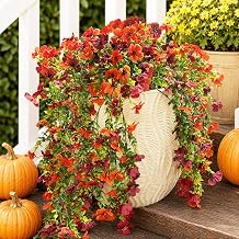 Fanfantoey Artificial Flowers for Outdoors Fake Hanging Decoration, Realistic Plants, UV & Fading Resistant Silk Flower for Spring Porch Patio Balcony Planter Yard 2, Green Orange Burgundy