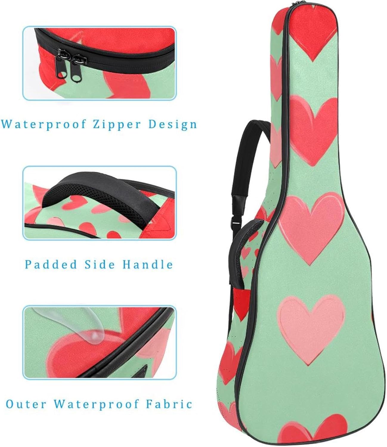 Acoustic Guitar Gig Bag 10mm Thick Padding, Soft Waterproof Guitar Case with Adjustable Backpack Straps for 40-42 Inch Guitar, Cute Lovely Valentine's Day Pink Hearts