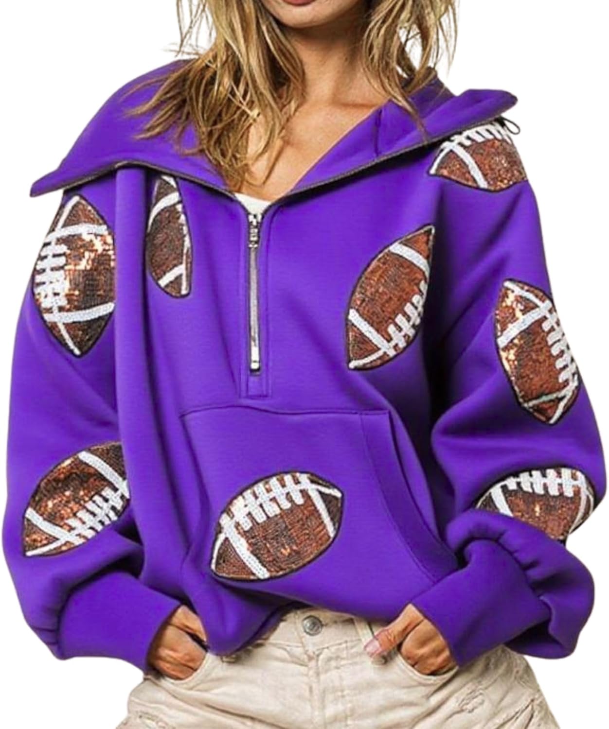 Xunger Women's Football Sequin Hoodie Half Zip Long Sleeve Rugby Patches Game Day Hooded Sweatshirt