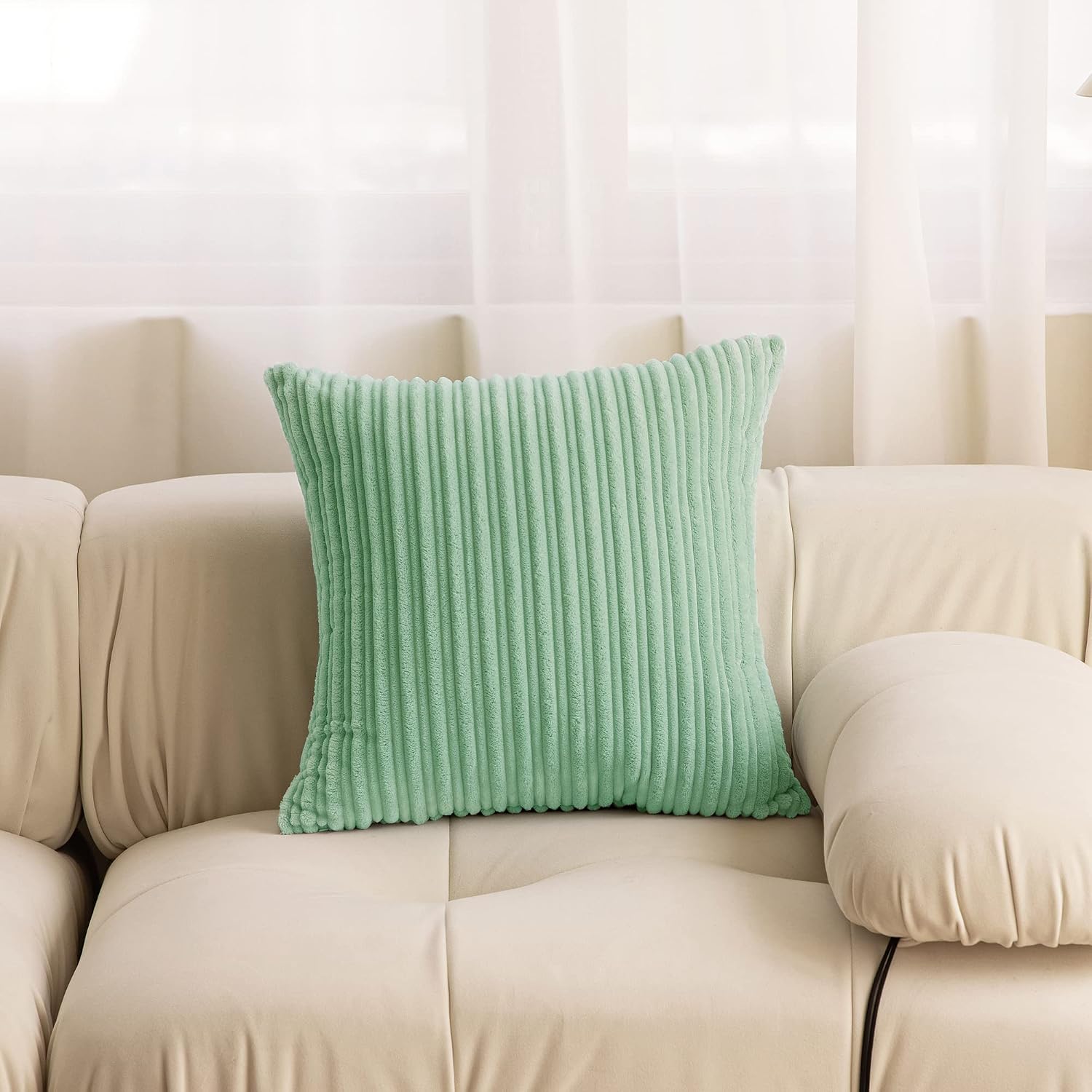 Kevin Textile Solid Plush Corduroy Striped 16x16 Throw Pillow Covers Set of 2 Cushion Covers Decorative for Living Room, 40 cm x 40 cm, 16 x 16 Inch, Mint Green