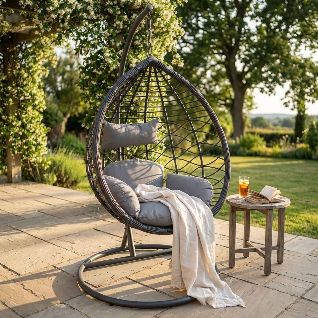 Milani Home - sedia sospesa da giardino in wicker e acciaio con cuscino, poltrona relax per terrazzo e veranda, nero