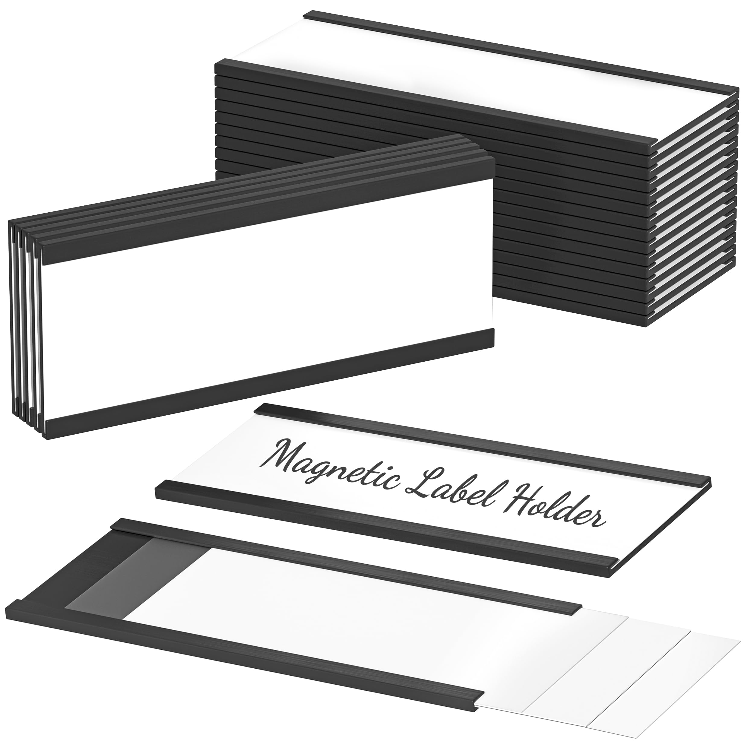 Portaetiquetas Magnéticas, 20pcs Magnéticas Titulares de Etiquetas con protectores de plástico transparente, Soportes de Tarjetas Datos para Estanterías Metálicas, pizarra blanca, 101x75mm