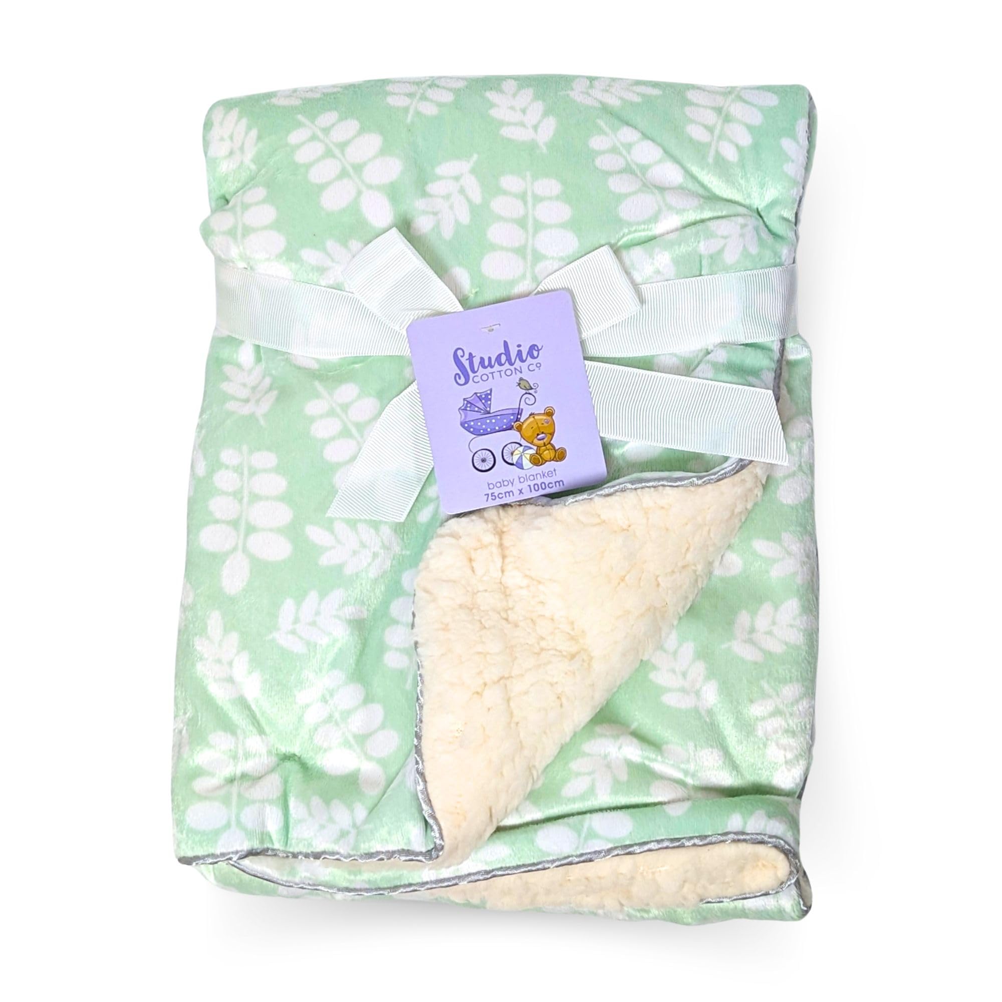 E&A Distribution Limited Baby Blanket Sherpa Fleece for Newborn Baby Girl – Pram, Cot, Moses Basket – 75 x 100cm – Mint Green Leaves