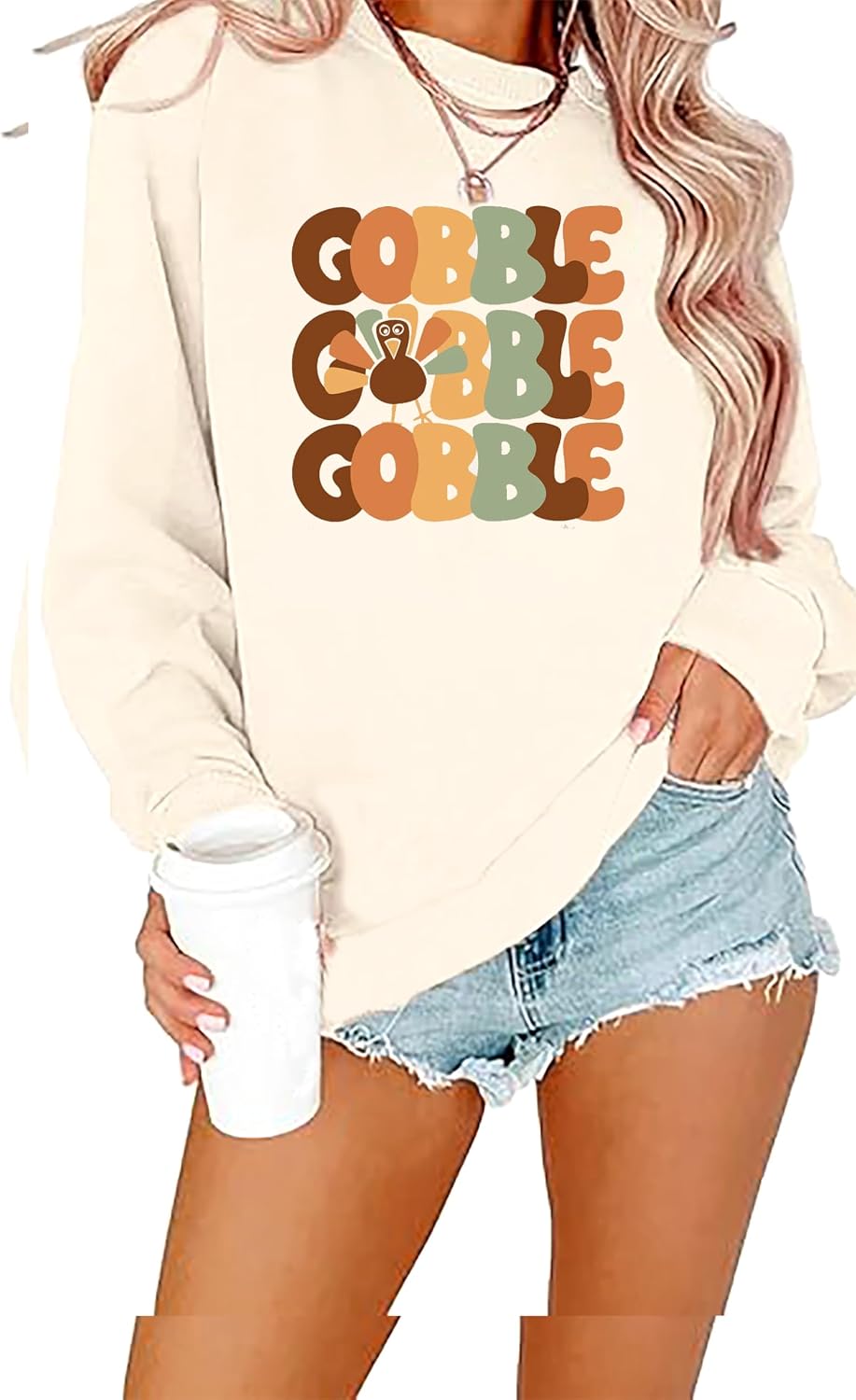 Thanksgiving Sweatshirt Womens Gobble Shirt Colorful Letter Print Thankful Turkey Graphic Tee