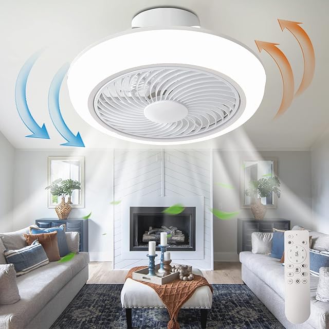 POWROL Reversible Ceiling Fans with Lights, Low Profile Enclosed Ceiling Fans and Remote 46CM Flush Mount Ceiling Fans with Lamps Bladeless Dimmable 3 Colors 6 Speeds Modern Fan Light for Bedroom