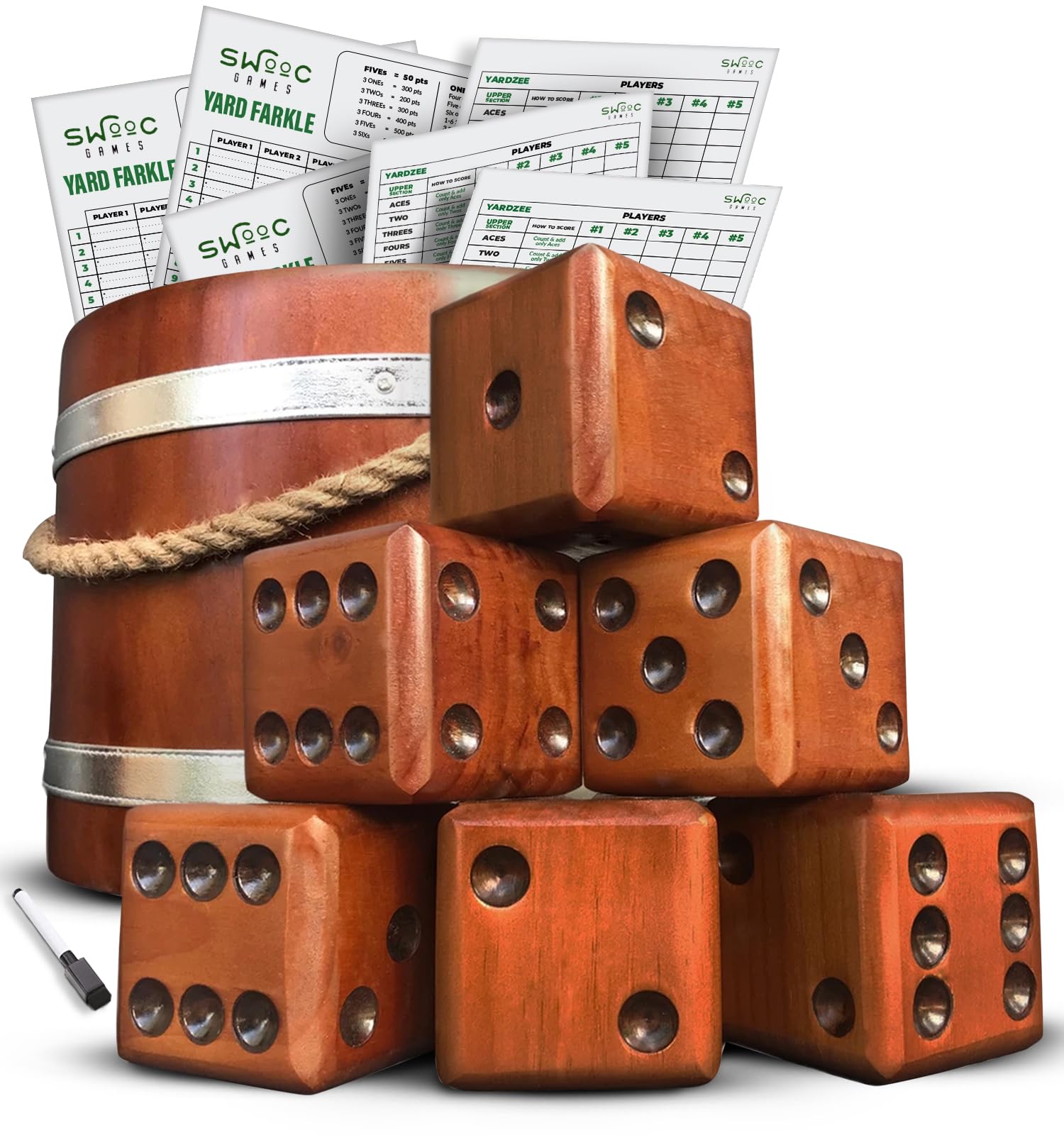 Games - Yardzee, Farkle, & 20+ Giant Dice Games (All Weather) with Wood Bucket, 5 Scorecards, & Marker - Yard Dice Outdoor Game for Family - Giant Backyard Game Set - Outside Jumbo Lawn Fun