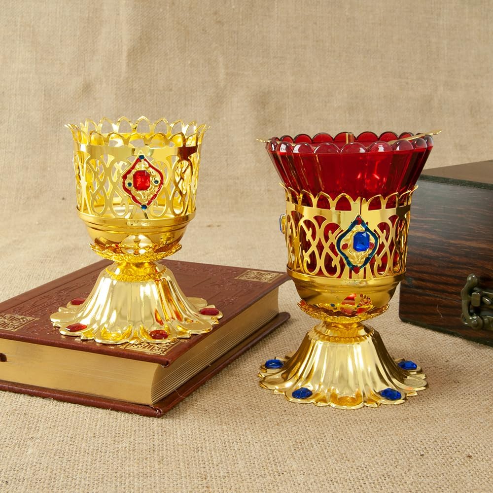 Orthodox Christian Vigil Oil Lamp, Zinc Alloy Oil Lamp with Red Glass Cup and Bracket for Church, Altar and Ceremonial Use (I-Blue)