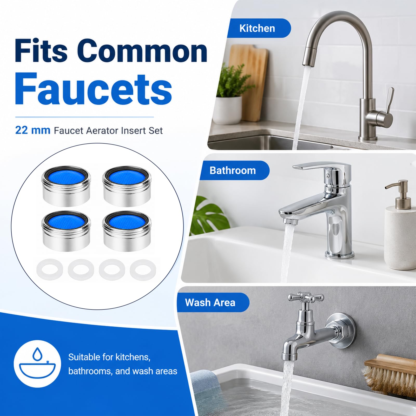 Set mit 4 Strahlregler M22, Wasserhahn, Küche, Strahlregler mit Unterlegscheiben, spritzwassersparend, langlebig und einfach zu installieren, für alle Standard-Wasserhähne