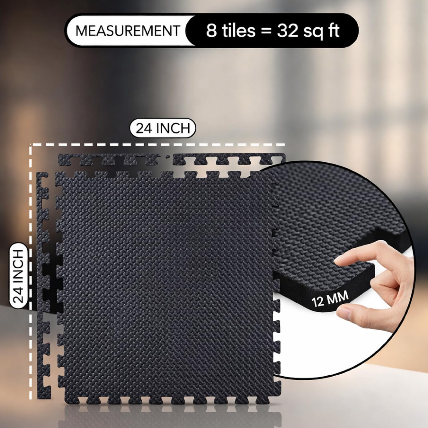 EASY HOME Interlocking Floor Gym Mats for Home and Living Room, Rubber Floor Workout Mat for Exercise, Super Absorbent EVA Foam Mat- 60x60cm - 12mm Thickness, Black (4 Tiles - 16Sqft) 3