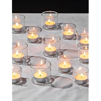 Romadedi Tea Light Holder Glass Pack of 12 Candle Jars Clear Tea Light Glasses Lantern for Tea Lights Table Decoration Clear Votive Candle Holder Tea Light Glasses for Candles Wedding Party