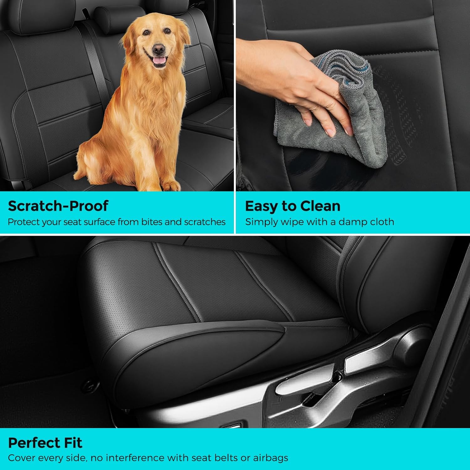 Car Seat Covers for Toyota Tacoma 2024 2025 2026 Double Cab (Gas Only), Full Set All Weather Faux Leather Pickup Truck Accessories, Full Coverage Custom Seat Protectors for Tacoma SR SR5 TRD (Black)