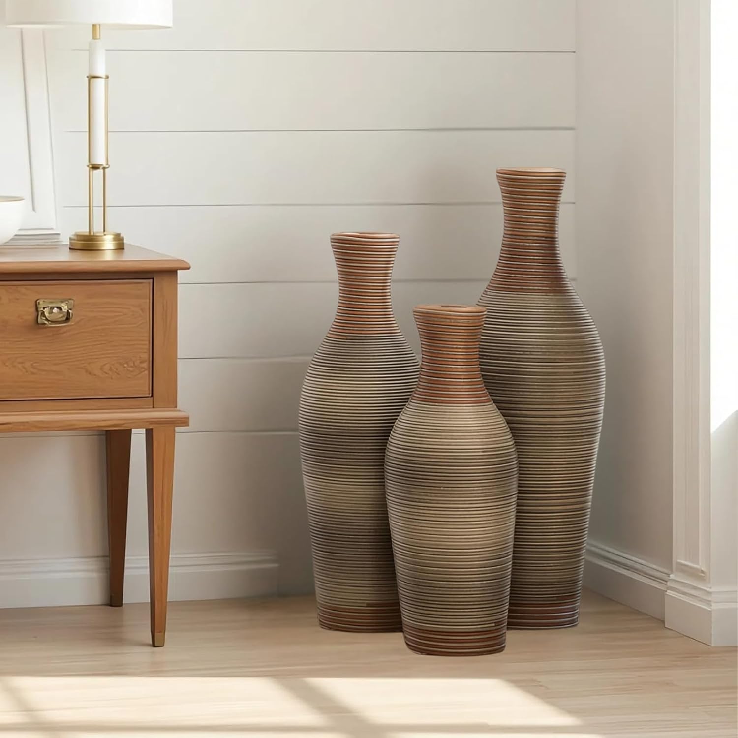 Large Tall Floor Vase Set of 3, Brown PVC Vases with Rattan Weave, Home Decoration Flower Stand for Artificial Vine Arrangement (Brown Grey (28.35"/ 24.41"/ 20.47" Height))
