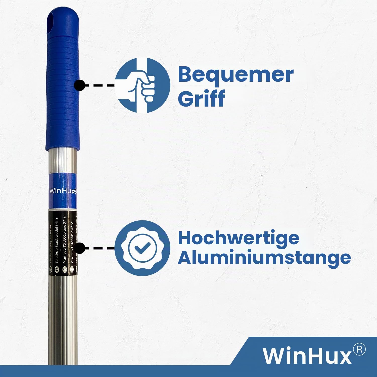 WinHux Teleskop-Federstaubwedel 3,47m – Extra Langer ausziehbarer Spinnwebenbesen für hohe Decken, Langer Staubwedel mit biegsamem waschbarem Kopf, leichte Aluminiumstange