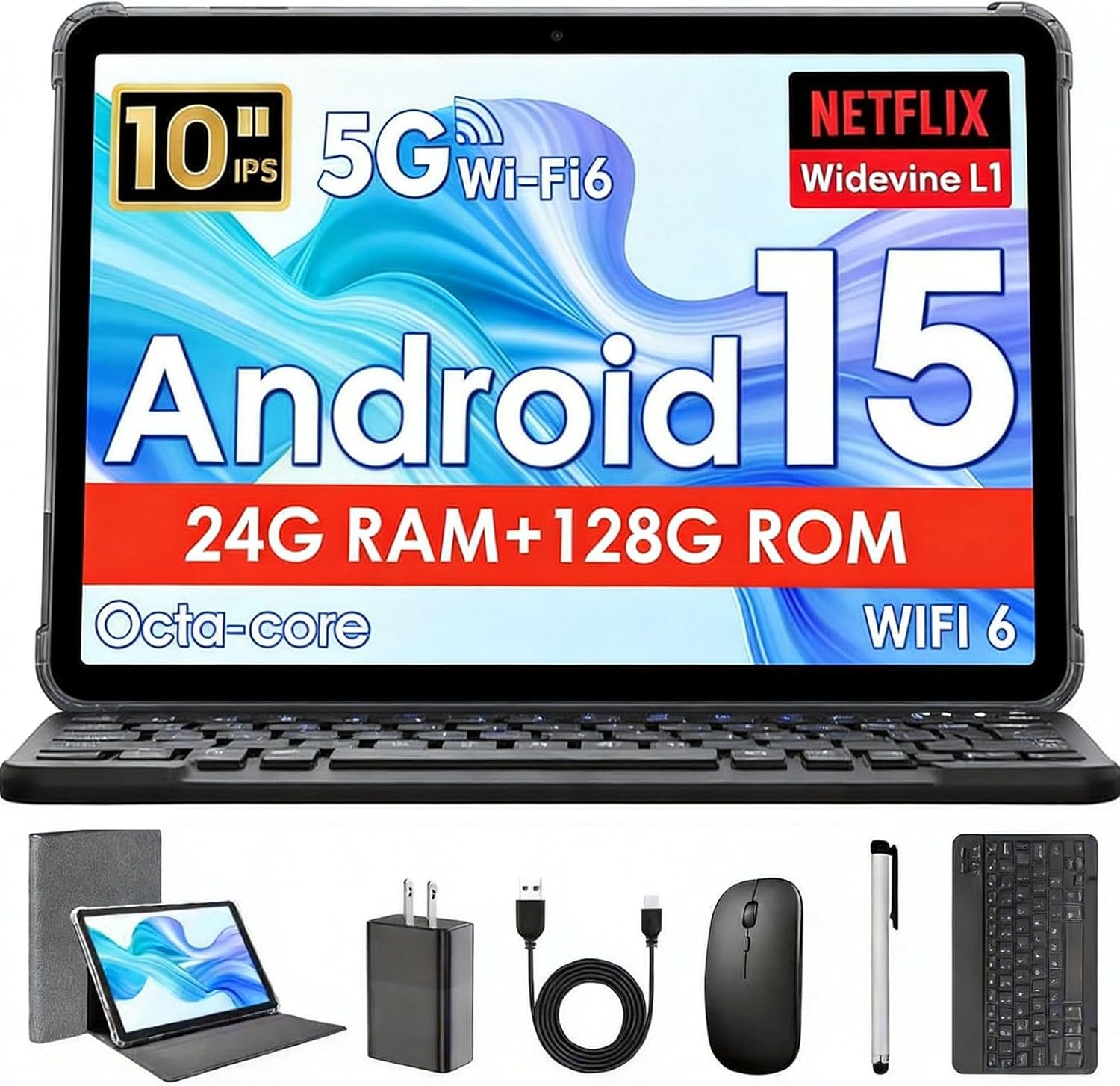 Android 15 Tablet, Mini Laptop with Keyboard, Cheap Laptop Small 2 in 1 Tablets Clearance 2025 2026, 10 Inch 24GB RAM+128GB ROM, Octa-Core 6000mAh 1280x800 IPS HD, 5G WiFi with Mouse (Gray)