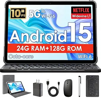 Tablet de 10 Polegadas, Android 15 com Capa, Octa-Core, 18GB RAM + 128GB ROM + Expansão até 1TB, Tela HD IPS 1280x800, Wi-Fi 5G + 2,4G, Câmera Dupla 5MP + 8MP, Bateria 6000mAh