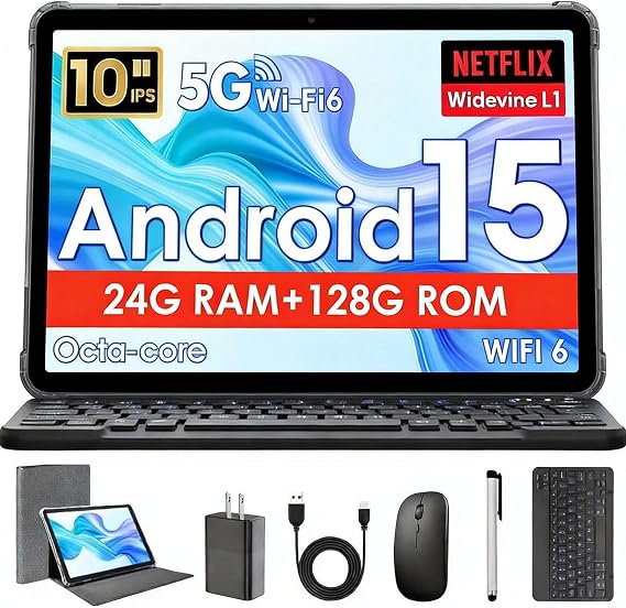 Android Tablet 10 Inch, Android 15 Tablet with Keyboard, 24 GB RAM+128 GB ROM, 1 TB Expand, Octa-Core 6000mAh 1280x800 IPS HD, 5G WiFi, T615 High Performance CPU Processor, Dual Camera (Gray)